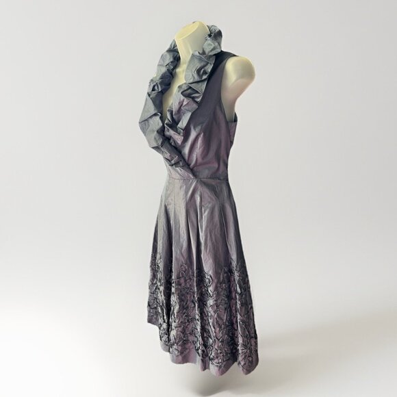 Adrianna Papell Blue Iridescent Ruffle Collar Midi Dress Size 6 Wedding Guest - Picture 2 of 12